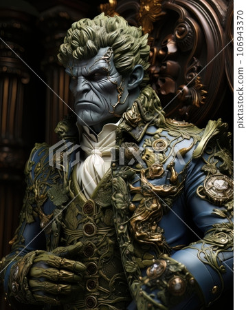 Green-skinned furious superhero with superpowers in classic aristocratic luxury suit. AI Green-skinned furious superhero with superpowers in classic aristocratic luxury suit. AI 106943370
