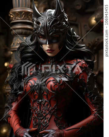 Beautiful woman in tight sexy costume and cat mask. AI 106943455