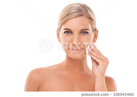 Cotton pad, portrait or woman with skincare or facial treatment or girl grooming product on white background. Wellness, luxury or beauty model cleaning face with marketing mockup space in studio 106943460