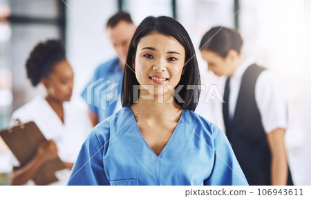 Healthcare, smile and portrait of nurse in hospital for support, help and wellness in clinic. Health care, happiness and medicine, confident and Asian woman, face of medical professional or caregiver 106943611