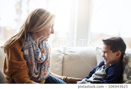 Love, mother and son on sofa, playing and bonding on weekend, loving and relax in living room. Mama, boy and male child connecting, playful and smile on break, motherhood and kid on couch in lounge 106943625