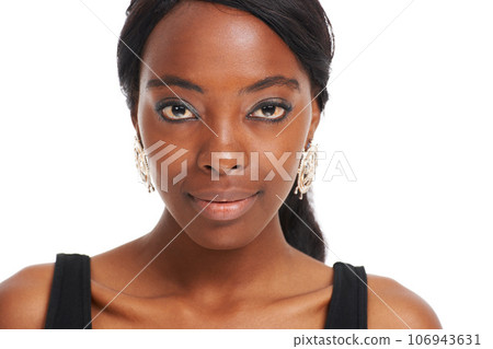 Beauty, makeup and confidence with portrait of black woman and mockup for attractive, youth and designer. Creative, cute and elegant with face of girl on white background for modern, trendy or style 106943631