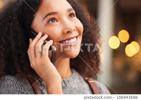 Phone call, happy and young woman in the city waiting for a cab, lift or public transport. Smile, confident and beautiful female person from Mexico on mobile conversation with cellphone in urban town 106943686