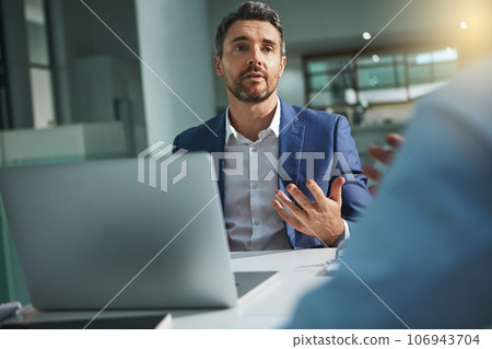Laptop, meeting and interview with a business man talking to a candidate for the hiring or recruitment process. Computer, feedback or review with a male employee sitting in a human resources office Laptop, meeting and interview with a business man talking to a candidate for the hiring or recruitment process. Computer, feedback or review with a male employee sitting in a human resources office 106943704