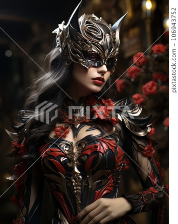 Beautiful woman in tight sexy costume and cat mask. AI 106943752