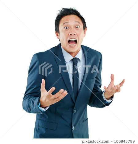 Angry, frustrated and portrait of a surprised Asian man isolated on a white background in a studio. Shocked, unhappy and amazed Japanese businessman screaming and shouting on a studio background 106943799