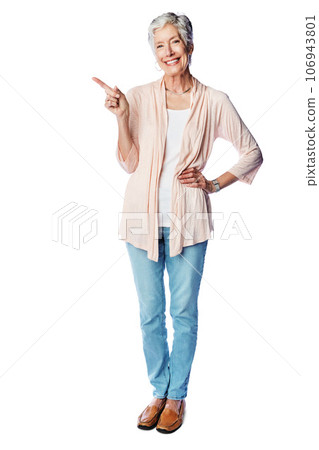 Mockup, portrait and happy old woman point at sales promo, luxury present gift or discount deal mock up. Studio advertising space, marketing product placement and model isolated on white background Mockup, portrait and happy old woman point at sales promo, luxury present gift or discount deal mock up. Studio advertising space, marketing product placement and model isolated on white background 106943801