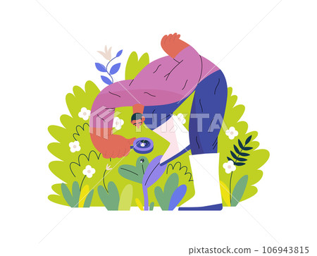 Greenery, ecology -modern flat vector concept illustration of a man in plants, looking at the bug through the lens. Metaphor of environmental sustainability and protection, closeness to nature 106943815