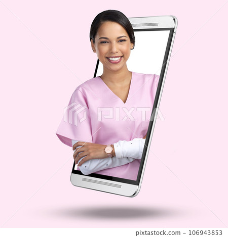 3d telehealth nurse, phone and online with screen, portrait and happy for app by pink background. Medic woman, face or smile for healthcare, advice or communication on internet for wellness service 106943853