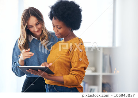 Tablet, diversity and creative with business people thinking in their office together for design or project management. Technology, planning and problem solving with an employee team in the workplace 106943857