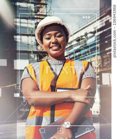 Social media, post and portrait of black woman, architect at construction site with frame, engineering and industry. App, profile picture and overlay with contractor, inspection and photography Social media, post and portrait of black woman, architect at construction site with frame, engineering and industry. App, profile picture and overlay with contractor, inspection and photography 106943866