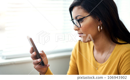 Phone, search and woman reading online, social media post or networking for news, opportunity and home. Creative, focus and startup person with glasses and mobile app for internet, Web 3.0 and chat Phone, search and woman reading online, social media post or networking for news, opportunity and home. Creative, focus and startup person with glasses and mobile app for internet, Web 3.0 and chat 106943902