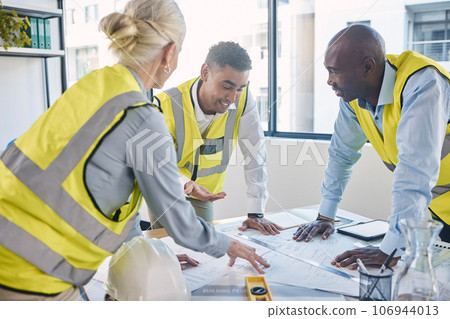 Architect, building and construction team in planning strategy, blueprints or meeting for project layout at office. Group of diverse engineers or contractors discussing floor plan or architecture Architect, building and construction team in planning strategy, blueprints or meeting for project layout at office. Group of diverse engineers or contractors discussing floor plan or architecture 106944013
