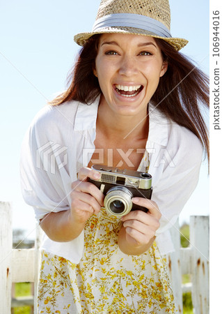 Laughing photographer, portrait or happy woman and digital camera on holiday or summer vacation in Italy. Smile, face or travel vlogger with vintage photography for tourist influencer in nature 106944016