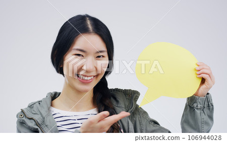 Happy asian woman, portrait smile and speech bubble for question, FAQ or social media against a white studio background. Excited female person smiling with sign for comment, message or mockup space 106944028