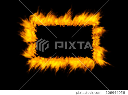 Rectangle, flame and heat on black background with color, texture and pattern of burning energy. Fire frame, fuel or flare isolated on dark wallpaper design or explosion box, thermal power or inferno Rectangle, flame and heat on black background with color, texture and pattern of burning energy. Fire frame, fuel or flare isolated on dark wallpaper design or explosion box, thermal power or inferno 106944056