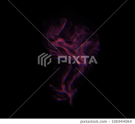 Smoke, shadow and red fog with vapor, incense and creative art with studio and swirl. Colorful, neon puff and black background isolated with steam effect, cloud and magic mist of aura in the air 106944064