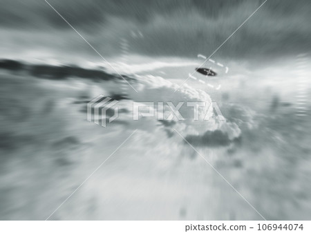 Night, ufo and spaceship in sky, camera and recording outdoor for surveillance. Futuristic, flying saucer and mystery of spacecraft, tracking surreal drone and evidence of science fiction or fantasy 106944074