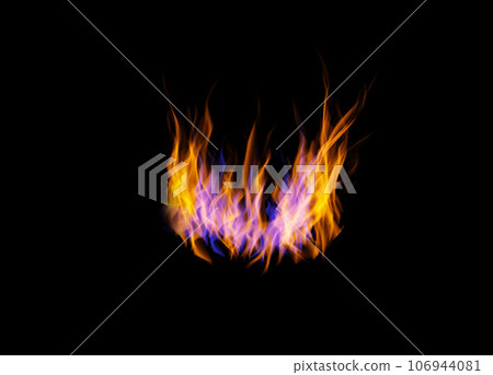 Orange flame, heat or light on black wallpaper with texture, pattern or burning energy. Fire line, fuel and flare isolated on dark background design or explosion at bonfire, thermal power or inferno. 106944081