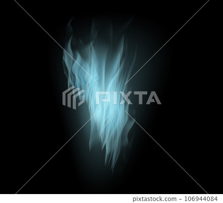 Blue heat, fire and dark wallpaper with light texture, pattern and burning energy. Flame, fuel sparks and flare isolated on black background design or explosion at bonfire, thermal power or inferno. 106944084