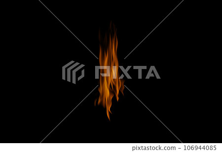 Orange flame, heat and energy on black background with texture, pattern and burning light. Fire line, fuel and flare isolated on dark wallpaper design explosion at bonfire, thermal power or inferno. 106944085