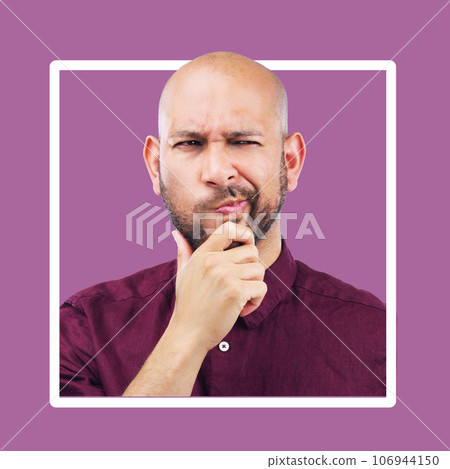 Thinking, confused and mockup by man in frame, studio and advertising, space and purple background. Doubt, unsure and contemplation by guy thoughtful, pensive or emoji gesture while standing isolated Thinking, confused and mockup by man in frame, studio and advertising, space and purple background. Doubt, unsure and contemplation by guy thoughtful, pensive or emoji gesture while standing isolated 106944150