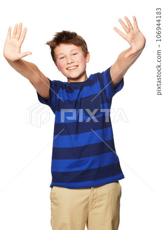 Portrait, smile and kid showing hands in studio isolated on a white background. Happy, boy and child with palms raised, fingers and counting for education, learning and mathematics for development. 106944183