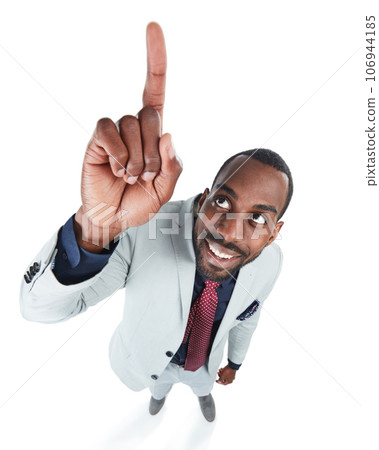 High angle, businessman and pointing up on isolated white background, marketing space and advertising mockup. Smile, happy and corporate worker in creative pov with showing hands gesture on mock up High angle, businessman and pointing up on isolated white background, marketing space and advertising mockup. Smile, happy and corporate worker in creative pov with showing hands gesture on mock up 106944185