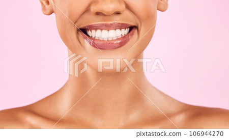 Woman, teeth and smile, beauty and dental with shine on lips, oral health and veneers isolated on pink background. Female model, orthodontics and wellness, cosmetics and closeup of mouth in studio 106944270