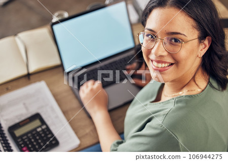 Budget, laptop screen and woman for home finance, taxes documents and online balance or information mockup. Person portrait, bills and calculator, computer with income, rent or loan application space Budget, laptop screen and woman for home finance, taxes documents and online balance or information mockup. Person portrait, bills and calculator, computer with income, rent or loan application space 106944275