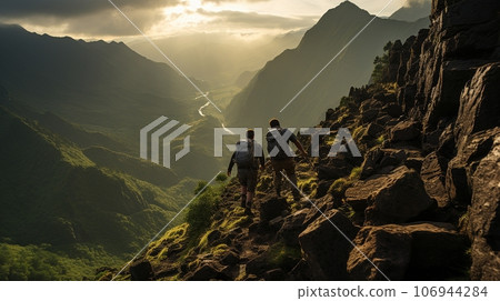 Two travelers help each other in the mountains Two travelers help each other in the mountains 106944284