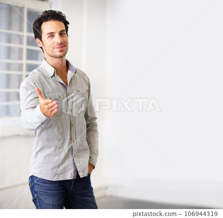 Portrait, man and realtor with handshake to welcome you to house, home or property with mockup space. Face, shaking hands and male real estate agent with deal, agreement and opportunity for sale. Portrait, man and realtor with handshake to welcome you to house, home or property with mockup space. Face, shaking hands and male real estate agent with deal, agreement and opportunity for sale. 106944319