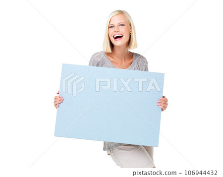 Mockup, advertising and woman with a poster marketing, news and billboard for sale, deal or giveaway. Portrait, blonde and female showing brand on a board isolated in a studio white background 106944432