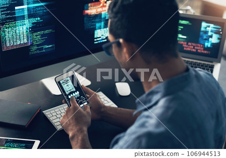 Programming, smartphone or man typing, cyber security or digital software with internet connection. Male person, programmer or coder with a cellphone, technology or analytics with website information Programming, smartphone or man typing, cyber security or digital software with internet connection. Male person, programmer or coder with a cellphone, technology or analytics with website information 106944513