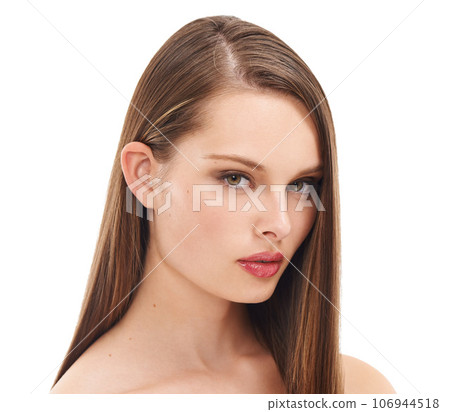 Face portrait, beauty and hair care of woman in studio isolated on a white background. Makeup cosmetics, skincare and female model with balayage after salon treatment for growth, texture or hairstyle 106944518