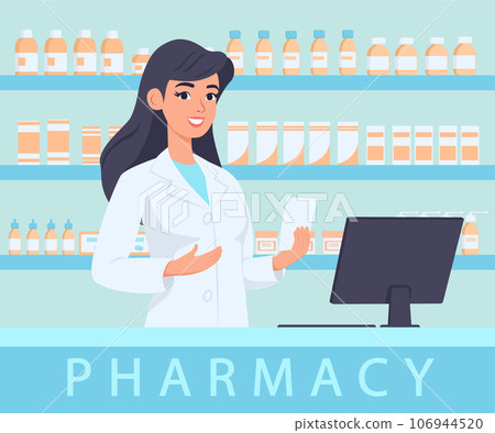 Female pharmacist behind the counter with shelves with medicines on background. Vector illustration. 106944520