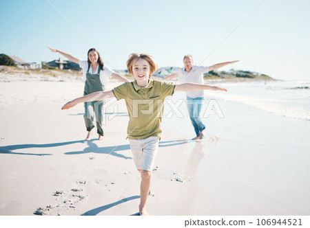 Running, freedom and happy with family on beach for energy, travel and summer vacation. Love, relax and adventure with people playing on seaside holiday for health, bonding and games together Running, freedom and happy with family on beach for energy, travel and summer vacation. Love, relax and adventure with people playing on seaside holiday for health, bonding and games together 106944521