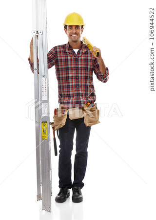 Construction, maintenance and portrait of a builder on a ladder for home improvement. Service, happy and safety construction worker with a building or repair job on a white background in studio Construction, maintenance and portrait of a builder on a ladder for home improvement. Service, happy and safety construction worker with a building or repair job on a white background in studio 106944522