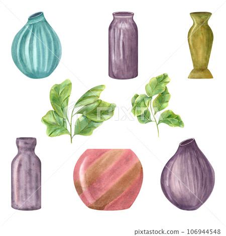 Set of watercolor ceramic vases, pots and green plants. Ficus lyrata, ceramics, home comfort, decor, houseplants with fiddle-leaf fig, interior decor, design element. Watercolor illustration 106944548