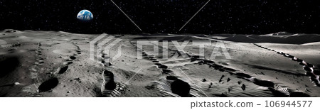 A lunar landscape with multiple trails of astronaut footprints, leading in various directions 106944577