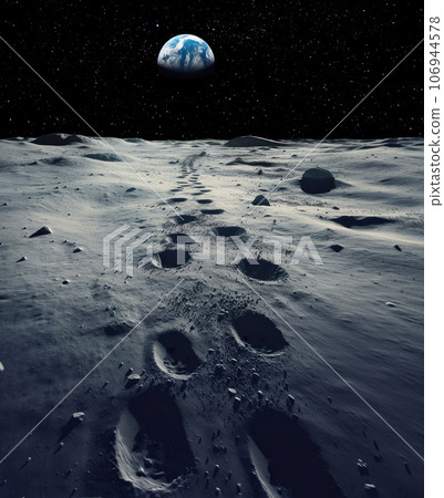 Human footprints on lunar surface with Earth glowing brightly above on black starry sky 106944578