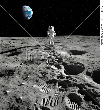 Footprints on lunar surface lead to a distant figure of astronaut 106944579