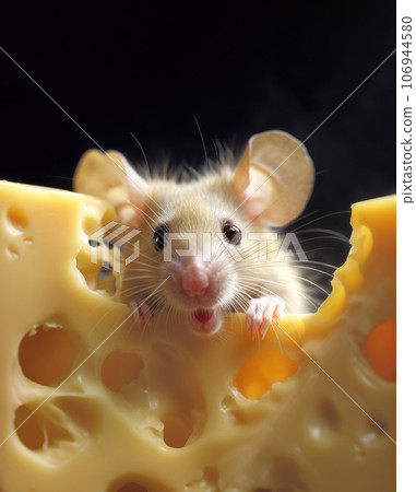 Cute little white mouse peeking out with curiosity over a large piece of cheese 106944580
