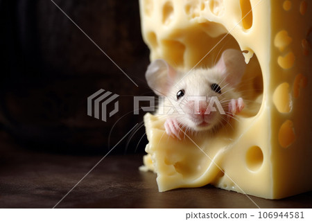 Adorable little white mouse peeking out from a hole in a large piece of cheese 106944581