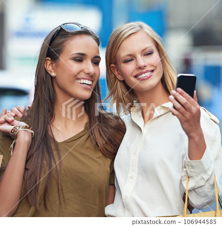 Shopping hug, selfie smile and city friends, women or customer with social media memory photo of vacation spree. Colombia retail deal, commerce fashion sales and trendy people with boutique clothes 106944585
