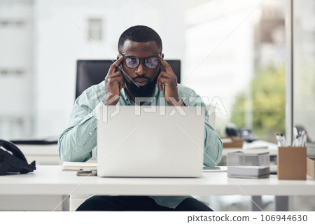 Thinking, computer and business man in office planning, brainstorming and problem solving for IT career. Ideas, inspiration search and brain fog of african person on laptop, website or app solution Thinking, computer and business man in office planning, brainstorming and problem solving for IT career. Ideas, inspiration search and brain fog of african person on laptop, website or app solution 106944630
