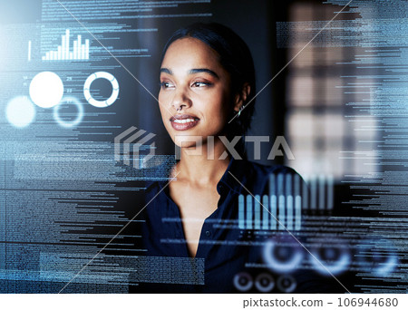 Digital, analytics and business of a woman working with big data, logistics and UX at the office at night. Futuristic, leader and designer in digital transformation at work with future technology. 106944680