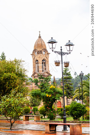 Beautiful central square and the San Jeronimo Parish Temple of the small town of Nobsa well known for the traditional handmade ruanas in the region of Boyaca in Colombia 106944690