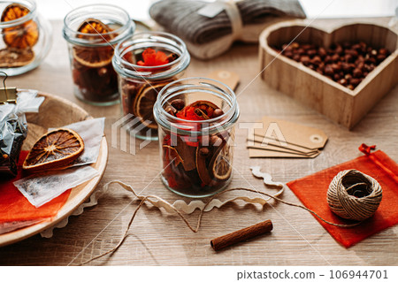 DIY Christmas gift ideas. Craft Cocktail Kits for Gifting in jars. Homemade Dry Holiday Potpourri with oranges, cinnamon sticks and spices DIY Christmas gift ideas. Craft Cocktail Kits for Gifting in jars. Homemade Dry Holiday Potpourri with oranges, cinnamon sticks and spices 106944701