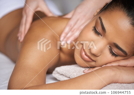 Girl, sleeping or hands for back massage in spa to relax for zen resting or wellness physical therapy. Calm woman in hotel salon for body healing treatment or natural holistic detox by masseuse 106944755